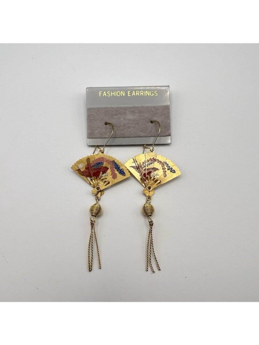 Vintage Asian Fan Tassel Earrings Gold Tone Phoenix Crane Statement Dangle 2.5" - Picture 2 of 7